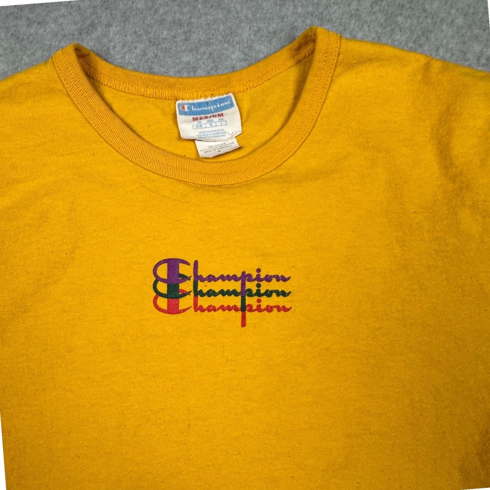 Champion Mens Mustard Yellow Embroidered Logo Graphic Back T-Shirt Medium - Picture 1 of 9